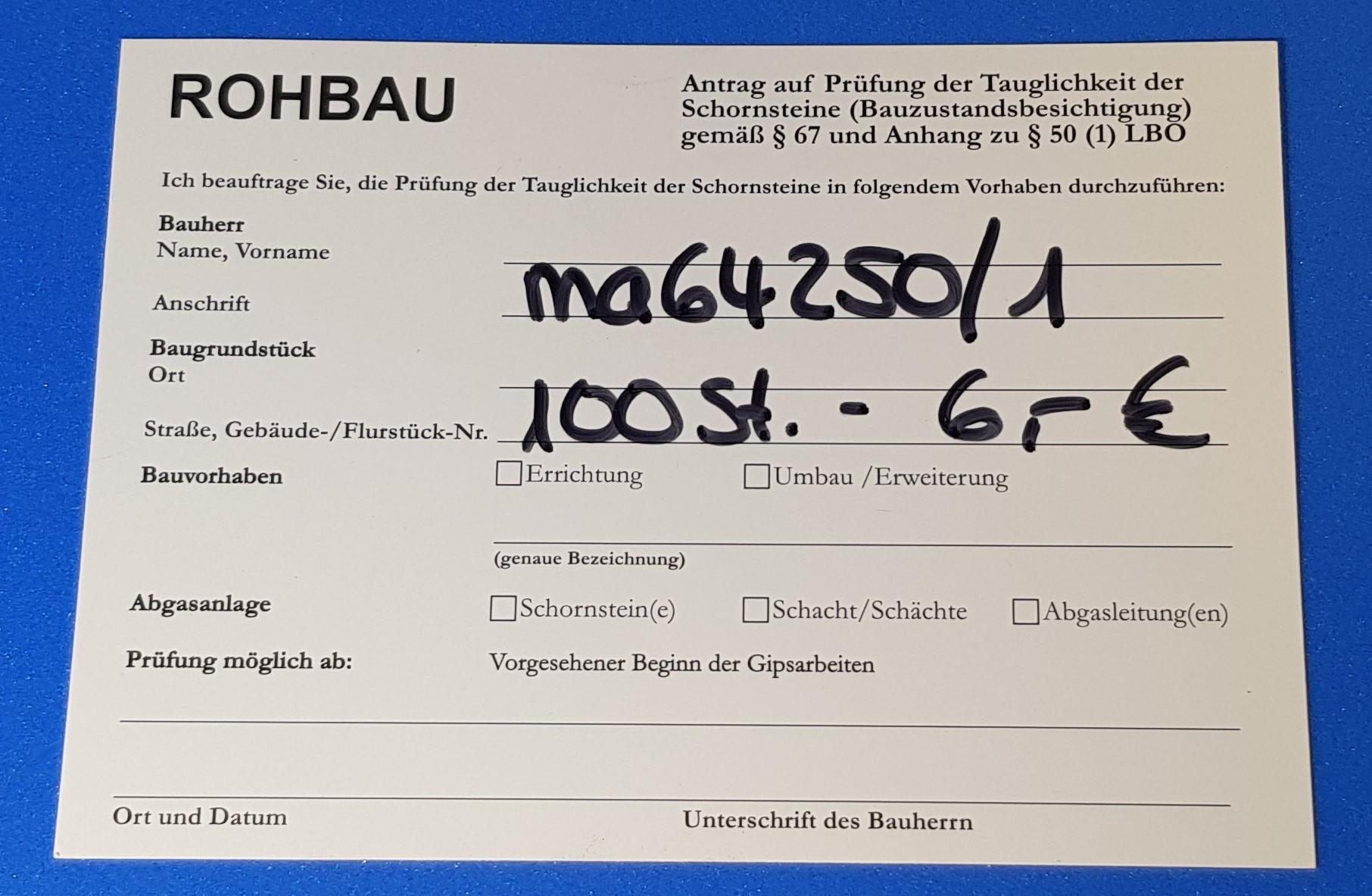 Postkarte: Rohbau - Antrag auf Prüfung der Tauglichkeit