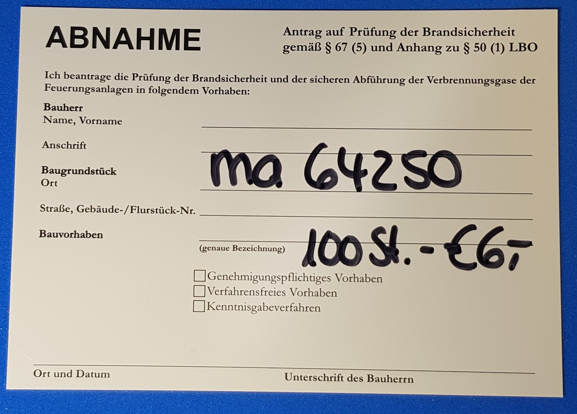 Postkarte Abnahme - Antrag auf Prüfung der Brandsicherheit