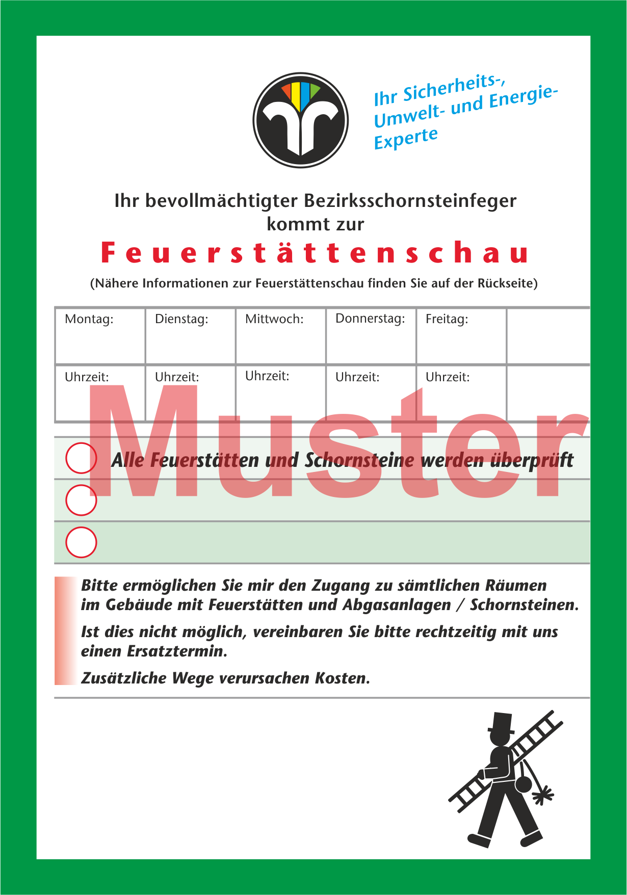 Ansagezettel "Feuerstättenschau" DinA6 ohne Gummierung 100 St."